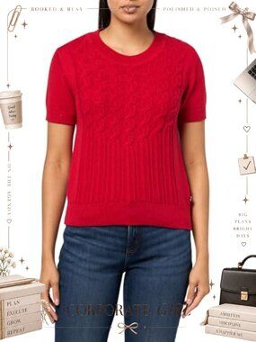 Short Sleeve Crew Neck Cable Knit Pullover Sweater